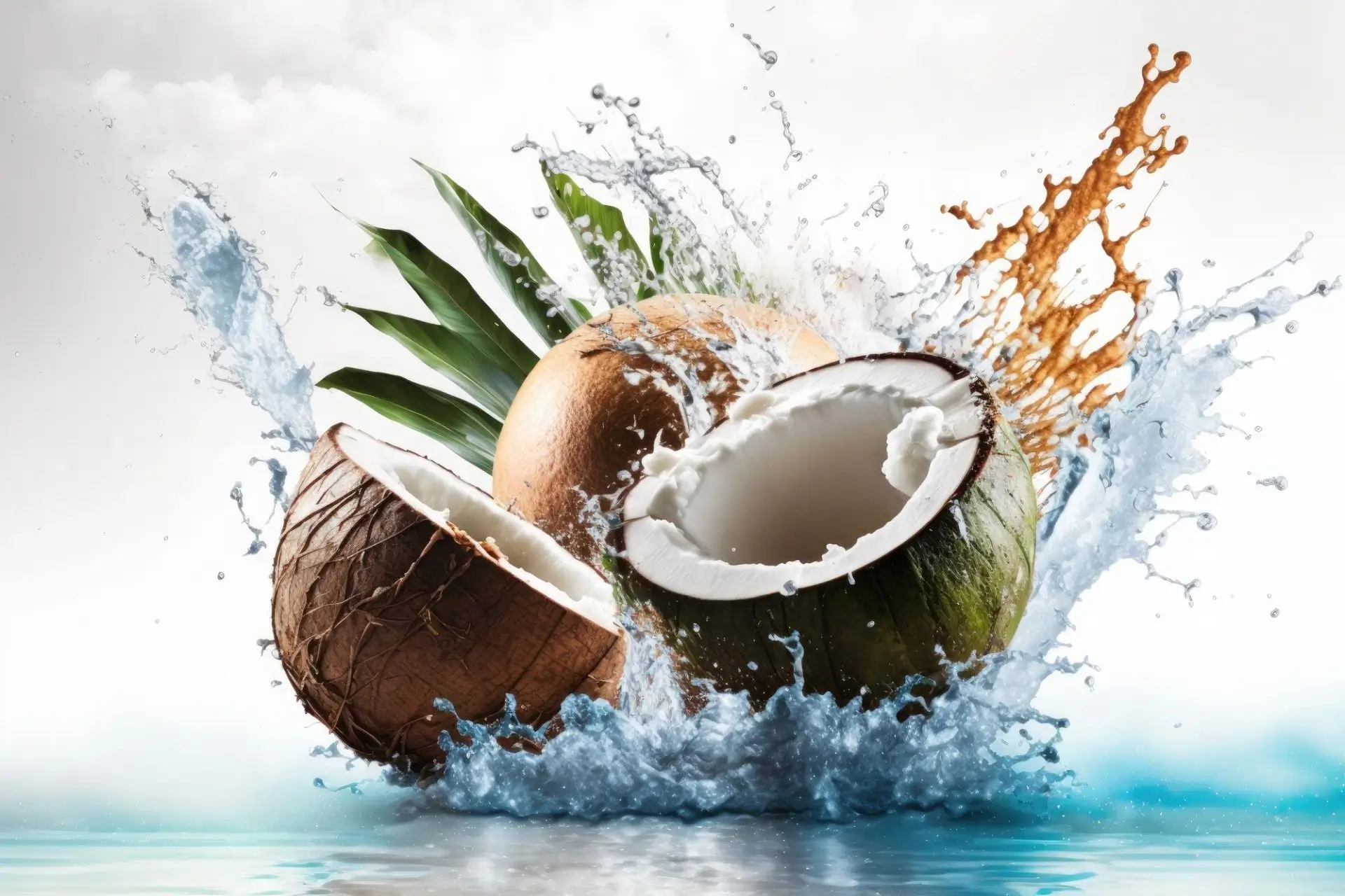 Split coconuts with water splash